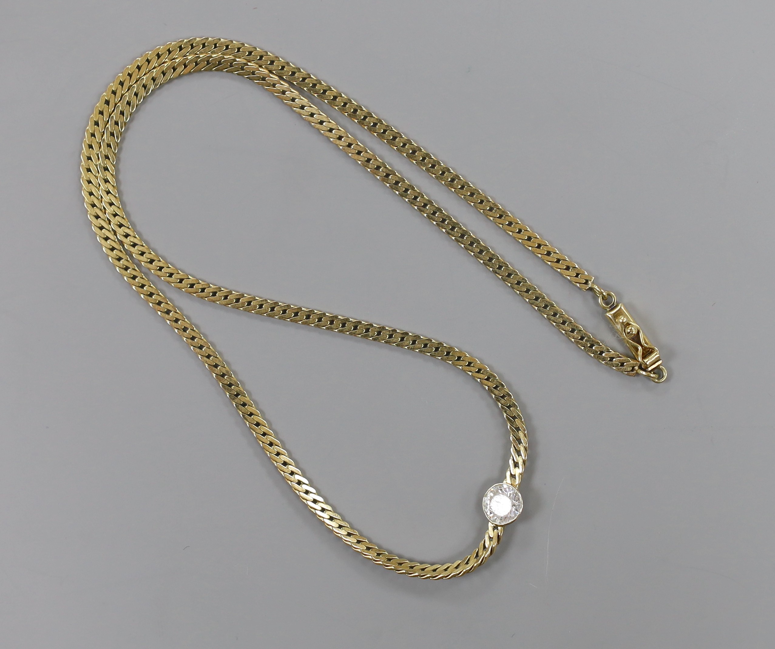 A modern Italian 585 chain, set with simulated diamond, 43cm, gross weight 13.6 grams.